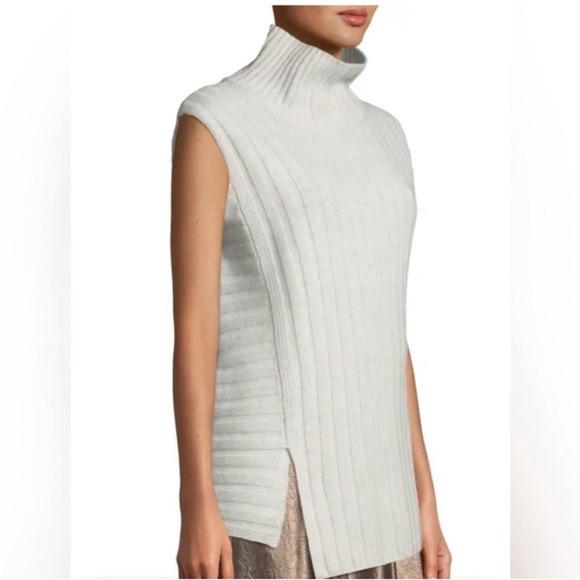 Vince Wool Cashmere Blend Size M Gray Mixed Ribbed Sleeveless Turtleneck Sweater - Picture 2 of 13